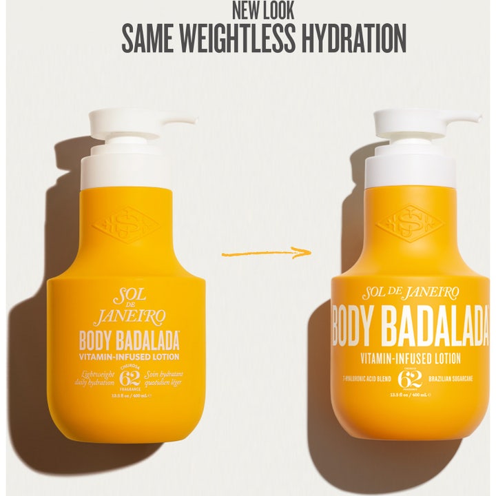 Sol de Janeiro Body Badalada Bodylotion 400 ml återfuktande kroppslotion med grönt sockerrör och paranötter bredvid en klar gel