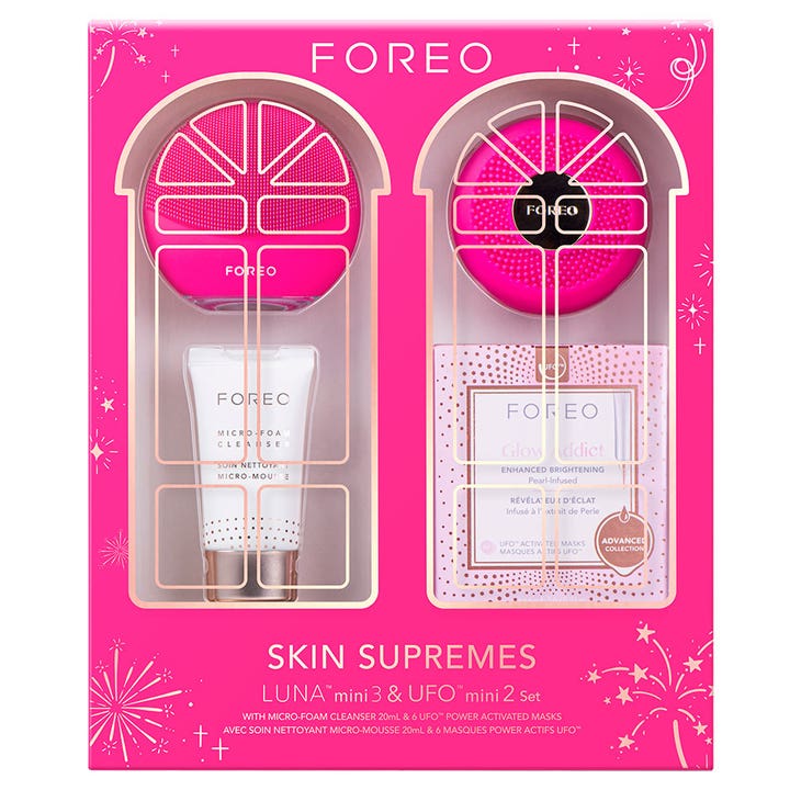 FOREO Skin Supremes LUNA mini 3 & UFO mini 2 Set FOREO gåvoset hudvård med rosa rengöringsborste och LED-mask i box.