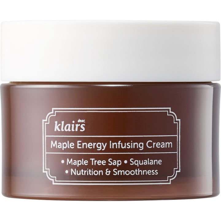 Dear, Klairs Maple Energy Infusing Cream 80ml näringsgivande ansiktskräm i brun glasburk med vitt skruvlock.