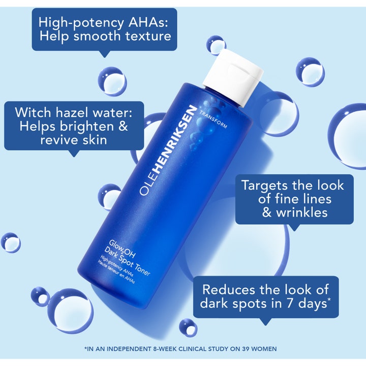 Ole Henriksen Glow2OH Dark Spot Toner 190 ml mot mörka fläckar i blå flaska med AHA och trollhassel bland bubblor