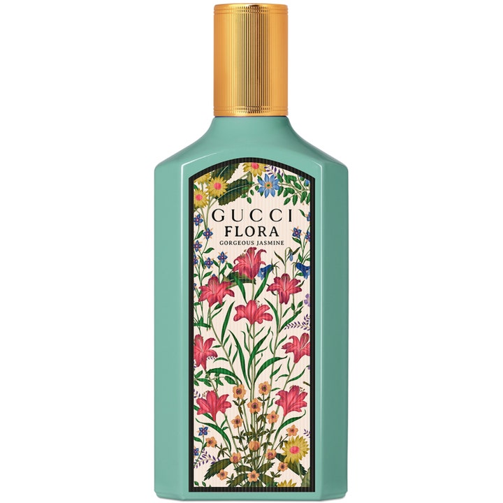 Gucci Flora Gorgeous Jasmine EdP 100 ml är en blommig parfym i turkos glasflaska med guldfärgat lock och blommig etikett