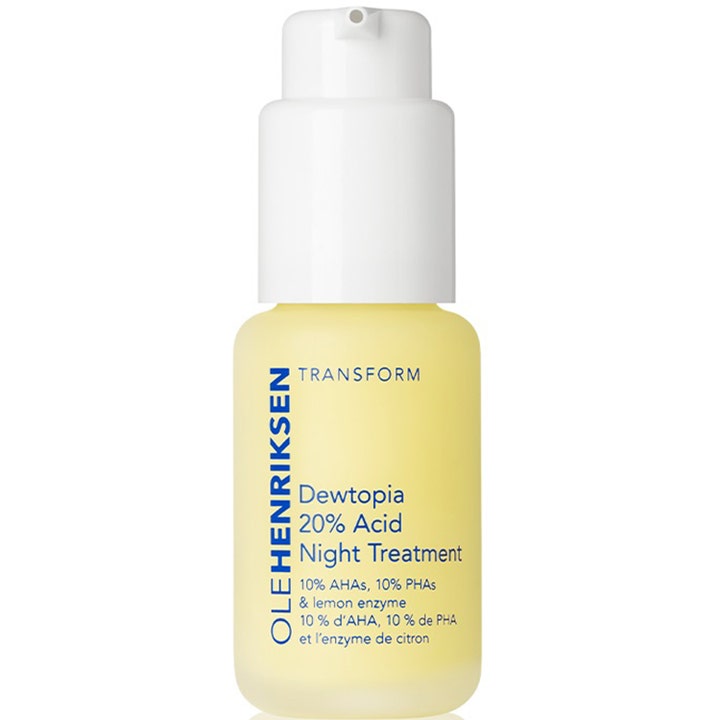Ole Henriksen Dewtopia 20% Acid Night Treatment aha nattserum ger kemisk peeling behandling i gul glasflaska med vit pump.