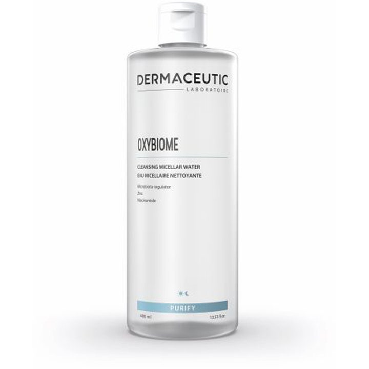 Dermaceutic Oxybiome 400 ml micellär vatten med niacinamide rengöring i en genomskinlig flaska med vitt lock