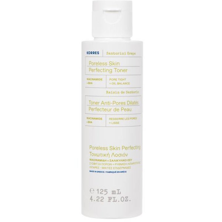 Korres Santorini Grape Poreless Skin Perfecting Toner 125 ml porsammandragande ansiktsvatten i vit flaska med vitt snäpplock
