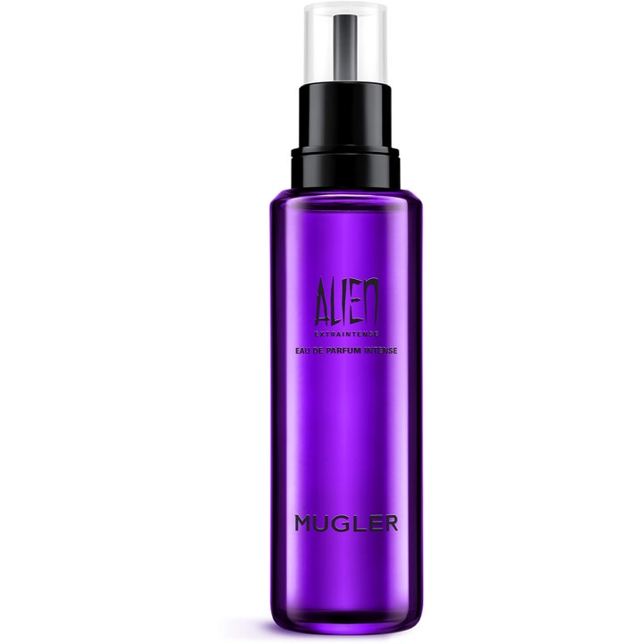 Mugler Alien Extra Intense 100ml edp ger en intensiv parfym i en lila cylinderformad flaska med svart sprayhuvud