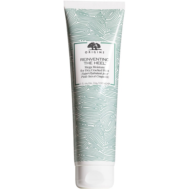 Origins Reinventing The Heel 150 ml botanisk fotkräm för spruckna hälar i vit tub med grönt virvelmönster