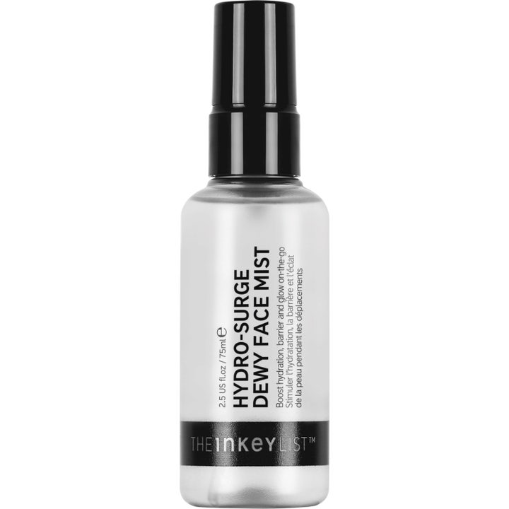 The INKEY List Hydro-Surge Dewy Face Mist 75 ml återfuktande ansiktsspray som ger glow i frostad flaska med svart kork
