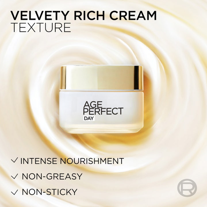 L'Oréal Paris Age Perfect Night 50 ml näringsrik återfuktande nattkräm i glasburk mot en virvlande krämig konsistens