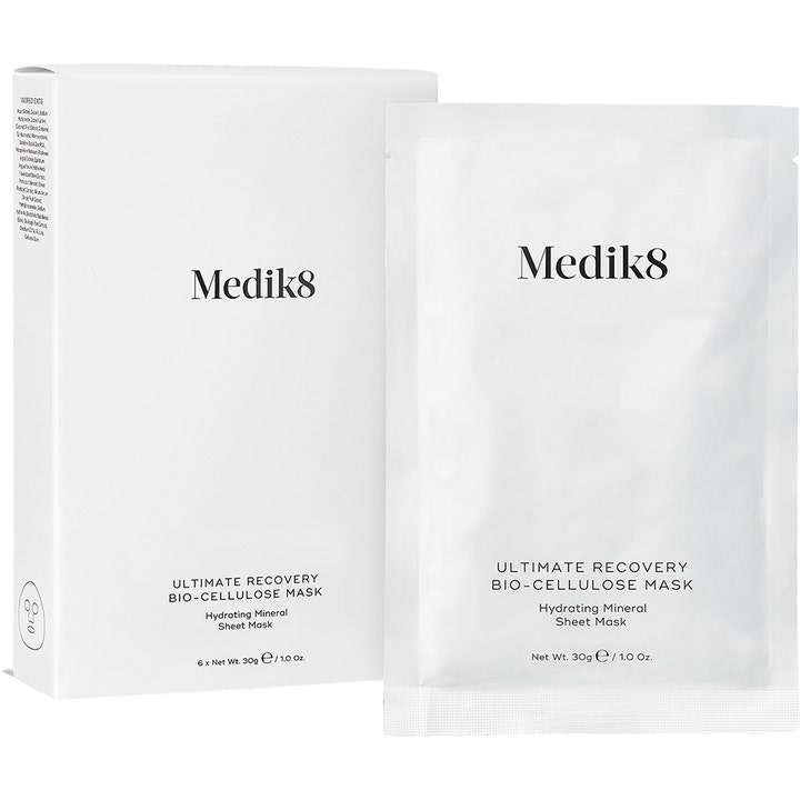 Medik8 Ultimate Recovery Bio-Cellulose Mask 6-pack återfuktande ansiktsmask för torr hud i vit ytterförpackning
