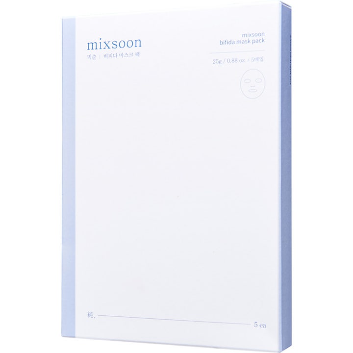 Mixsoon Bifida Mask Pack 5 st intensivt återfuktande sheet mask i en vit ytterförpackning med ljusblå detaljer.