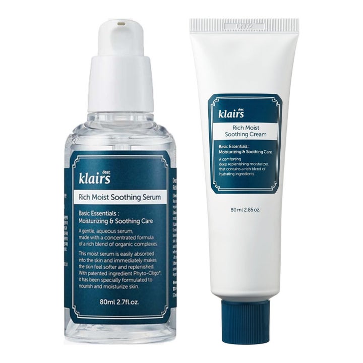 Klairs Rich Moist Soothing Cream och Serum 80 ml lugnande ansiktsvård i vit tub och klar flaska med pump