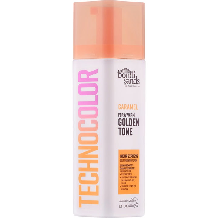 Bondi Sands Technocolor Caramel 200ml 1 timme brun utan sol återfuktande mousse i vit flaska med persikofärgat lock