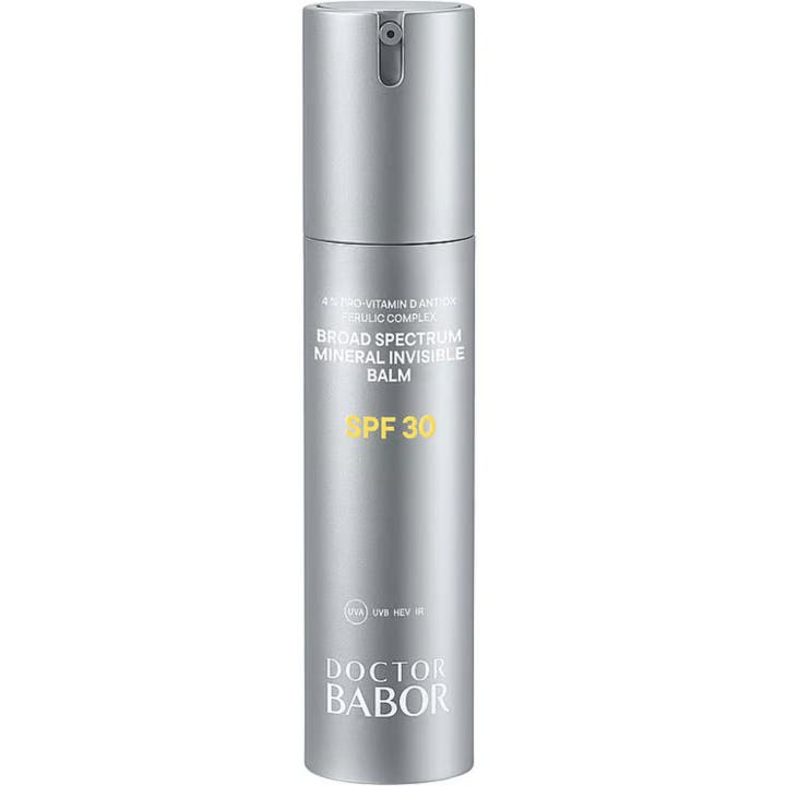 Doctor Babor Mineral Invisible Balm SPF 30 50 ml skyddande solkräm i stilren silverfärgad pumpflaska