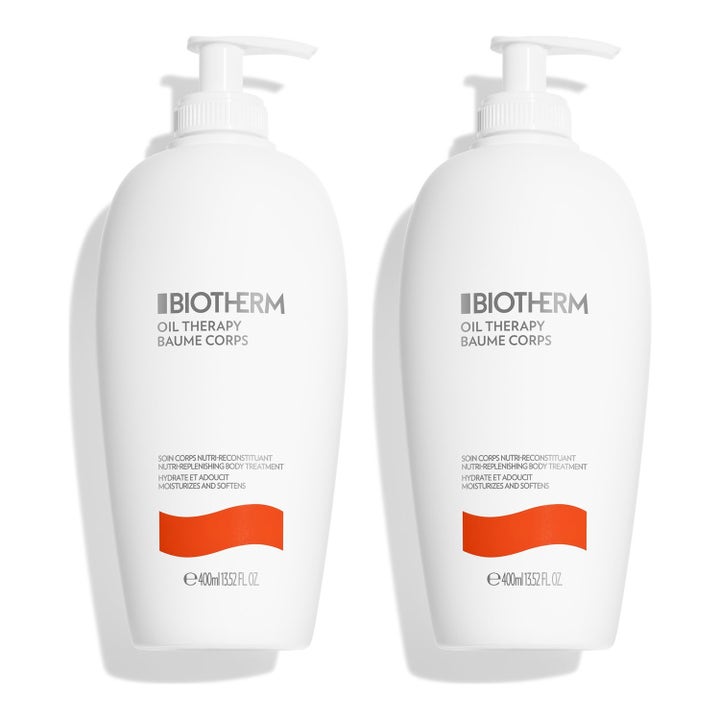Biotherm Oil Therapy Baume Corps 400 ml återfuktande kroppskräm i två vita pumpflaskor för torr hud