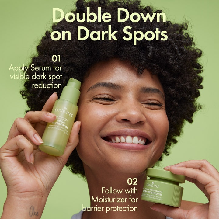Origins Mega-Mushroom Moisturizer 50 ml ansiktskräm för barriärskydd i en tvåstegsrutin mot mörka fläckar.