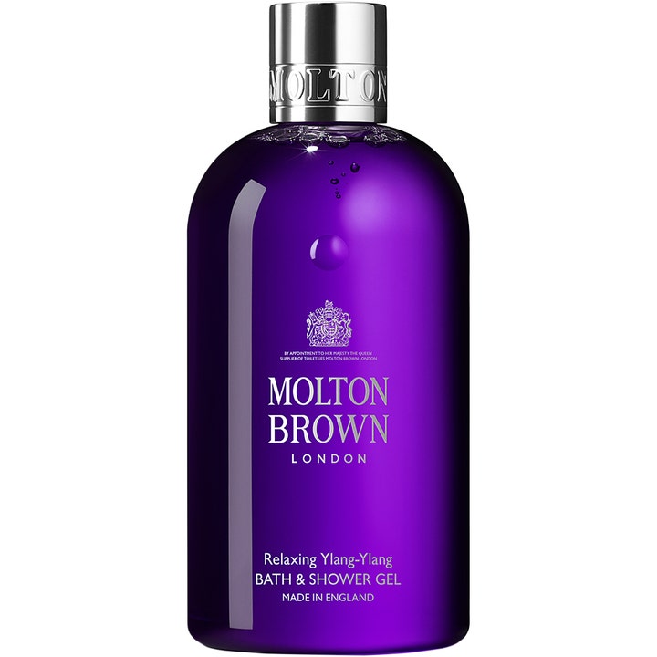 Molton Brown Relaxing Ylang-Ylang 300ml lugnande duschgel i transparent lila plastflaska med glänsande silverkork.