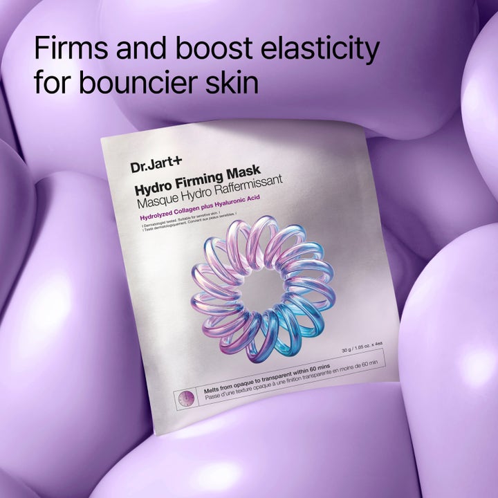 Dr.Jart+ Hydro Firming Mask 30 g ansiktsmask ger spänst mot lila bakgrund med texten bouncier skin.