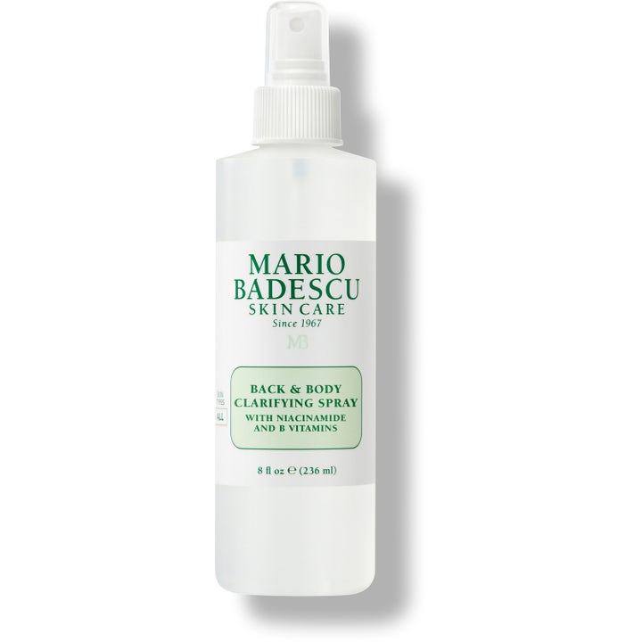 Mario Badescu Back & Body Clarifying Spray 236 ml renande kroppsspray med niacinamid i frostad plastflaska med pump.