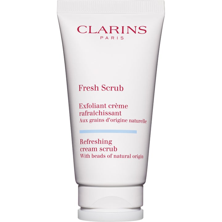 Clarins Fresh Scrub 50ml uppfriskande ansiktsskrubb som ger lyster i vit tub med röd text och blå detalj