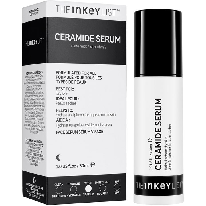 The INKEY List Ceramide Serum 30 ml återfuktande ansiktsserum för torr hy i vit pumpflaska och svartvit box.