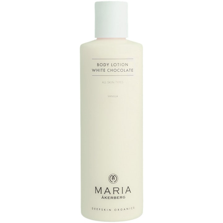 Maria Åkerberg Body Lotion White Chocolate 250 ml återfuktande kroppslotion i en stilren benvit plastflaska med vitt lock