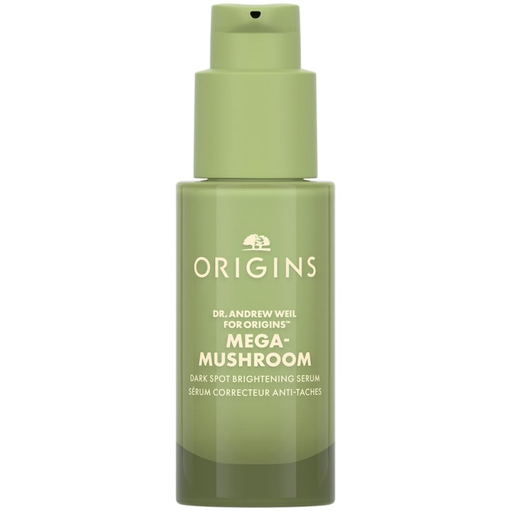 Origins Mega-Mushroom Dark Spot Brightening Serum fläckserum med naturligt svampextrakt i en grön pumpflaska