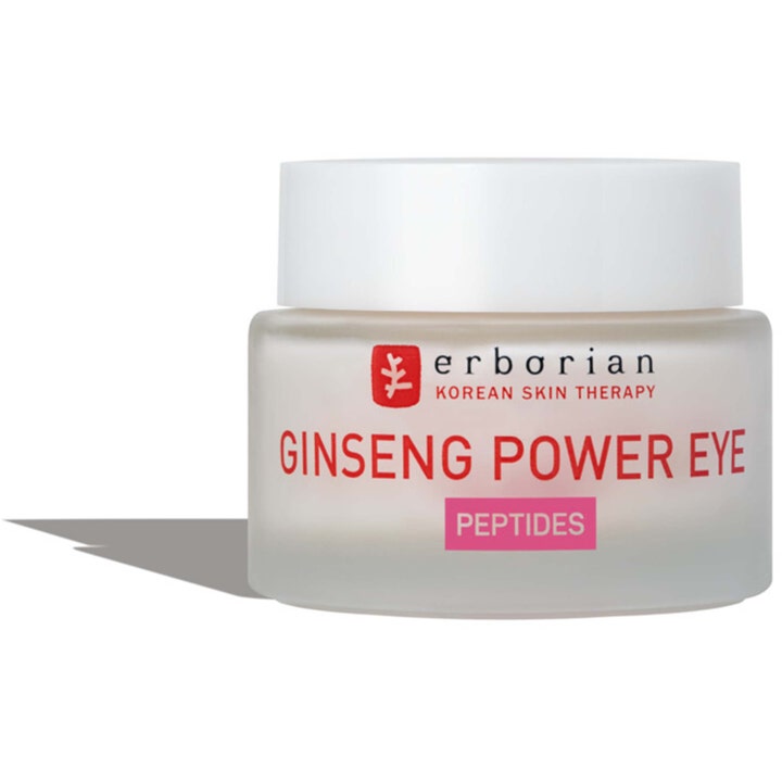 Erborian Ginseng Power Eye ögonkräm med peptider i frostad glasburk med vitt lock som ger en piggare blick.