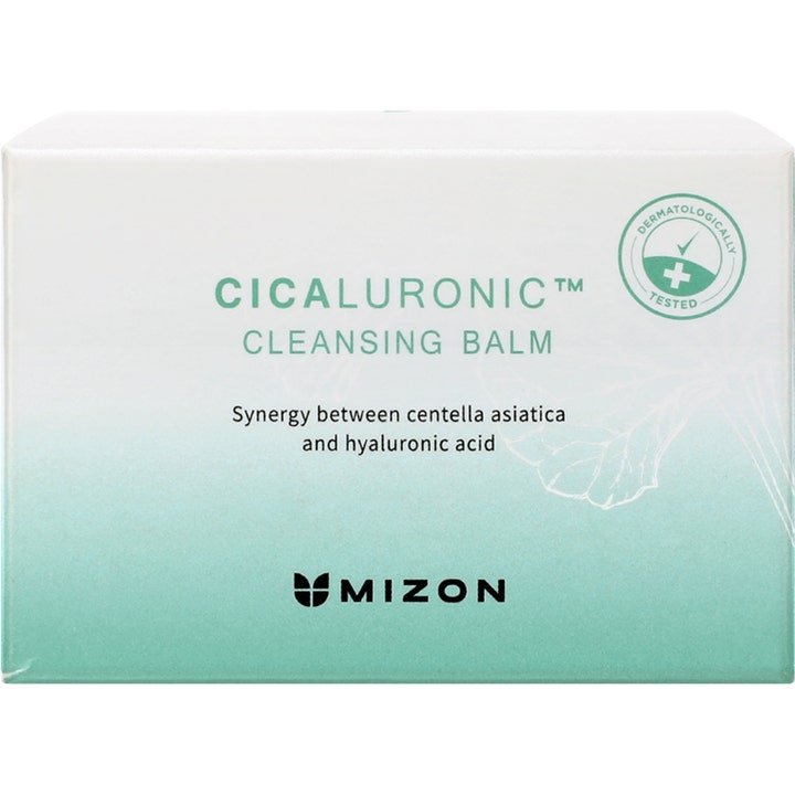 Mizon Cicaluronic Cleansing Balm 80 ml i en vit och mintgrön kartong med centella asiatica sminkborttagning.