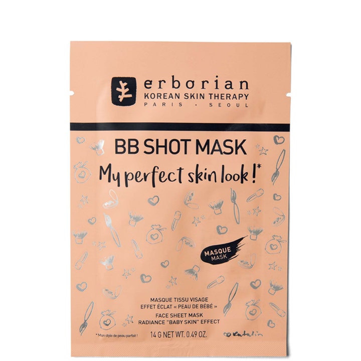 Erborian BB Shot Mask 14g återfuktande ansiktsmask baby skin effect i persikofärgad förpackning med silverdetaljer.