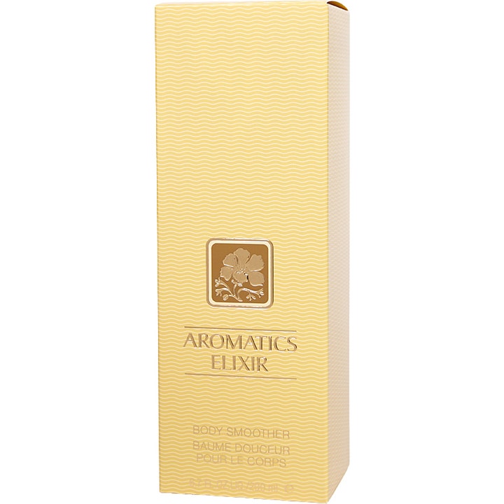Clinique Aromatics Elixir 200 ml mjukgörande lyxlotion i gul mönstrad ytterförpackning med guldfärgad blomma.