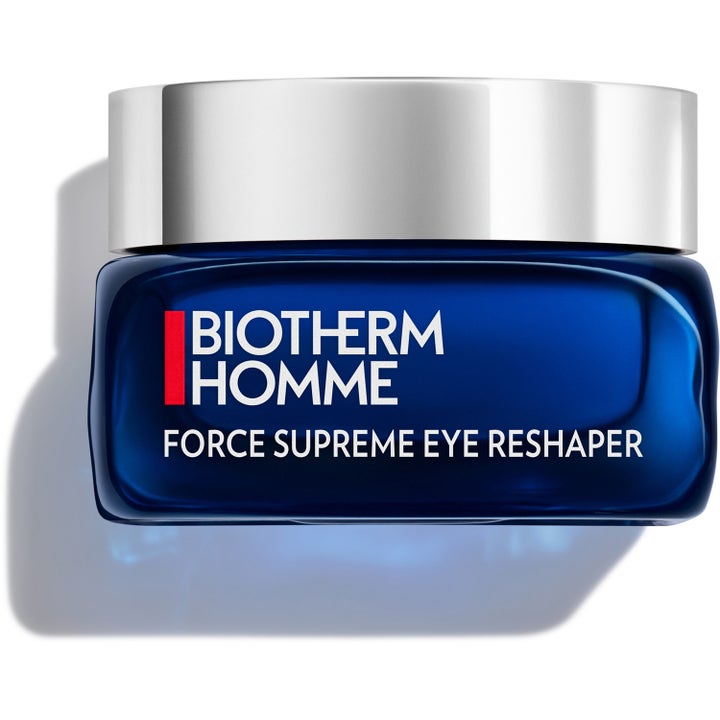 Biotherm Homme Force Supreme Eye Reshaper 15 ml uppstramande ögonkräm i en mörkblå glasburk med silverlock