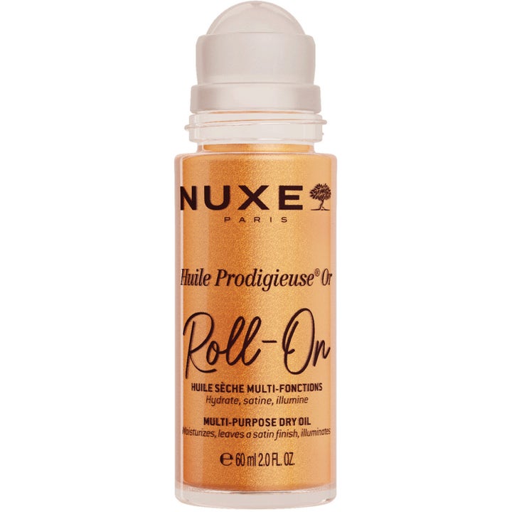 Nuxe Huile Prodigieuse Or Roll-On 60 ml skimmerolja som ger lyster i genomskinlig flaska med rollerball-applikator.