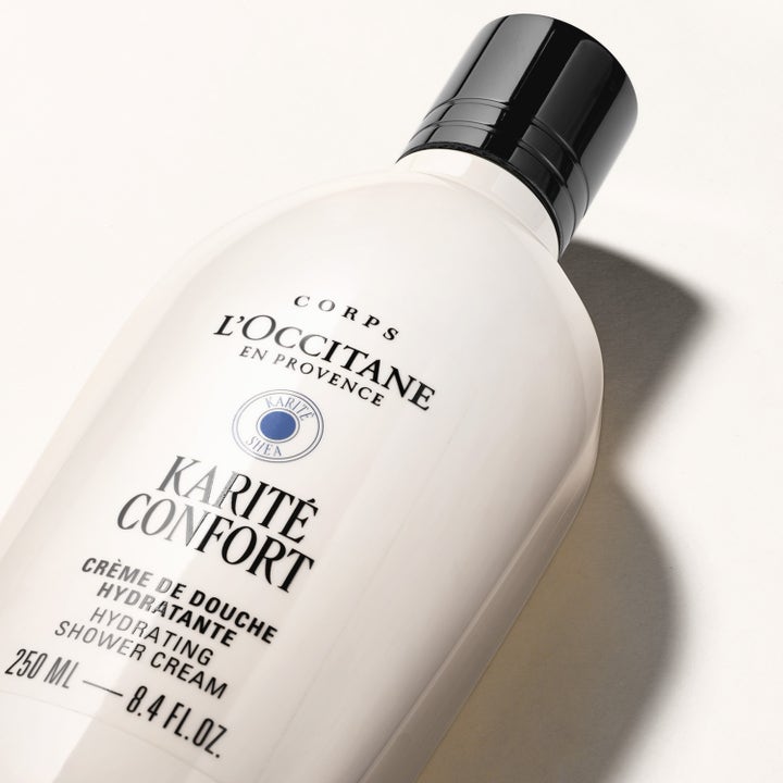 L'Occitane en Provence Shea Butter Body Shower Cream 250 ml duschkräm torr hud i vit plastflaska med svart lock
