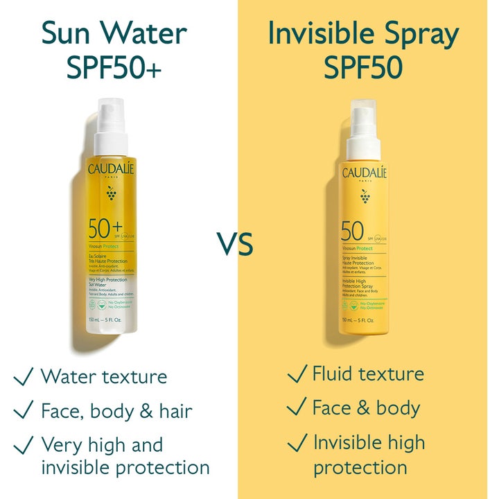 Caudalie Vinosun High Protection Spray SPF50 150 ml ansikts och kropps solskydd spray jämförs med Sun Water versionen.