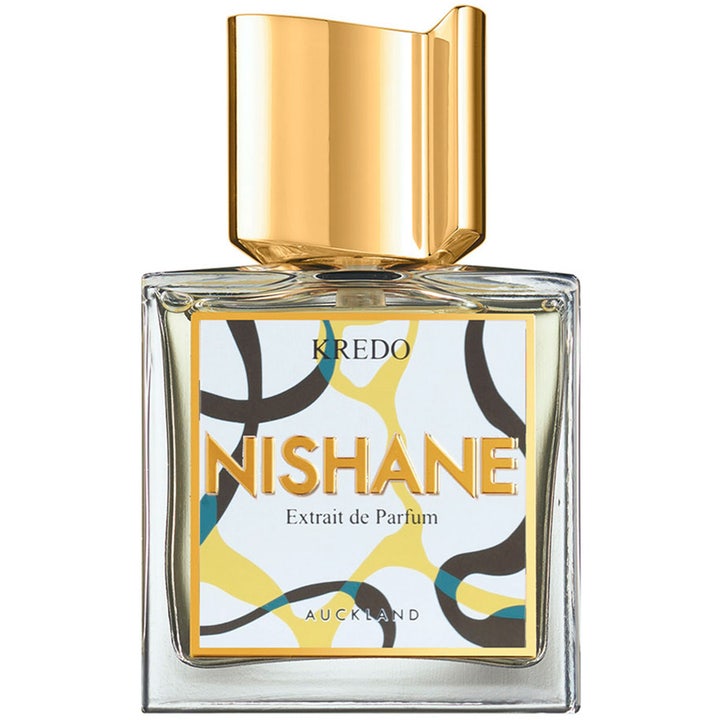 Nishane Kredo 100 ml exklusiv extrait de parfym i glasflaska med mönstrad etikett och elegant guldkork