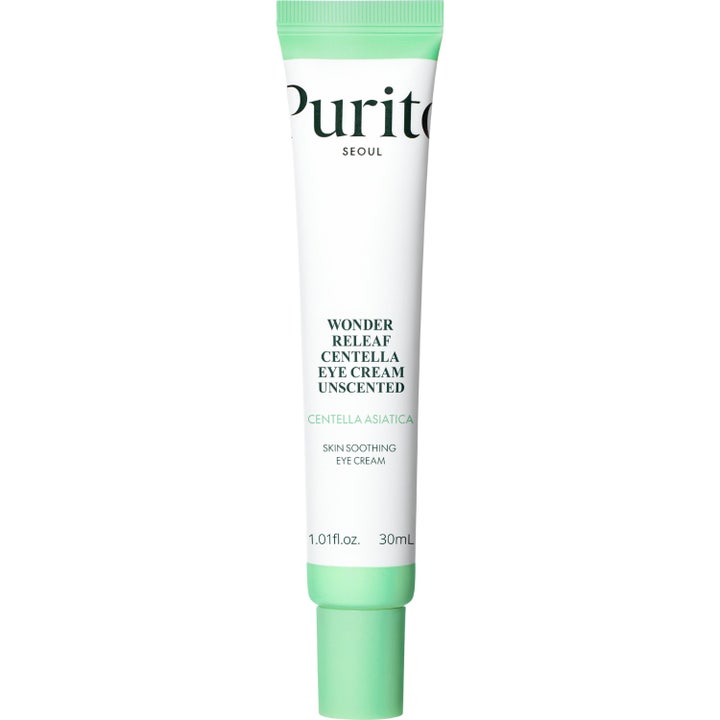Purito Seoul Wonder Releaf Centella Eye Cream Unscented 30 ml lugnande anti-aging ögonkräm i vit tub med ljusgröna detaljer