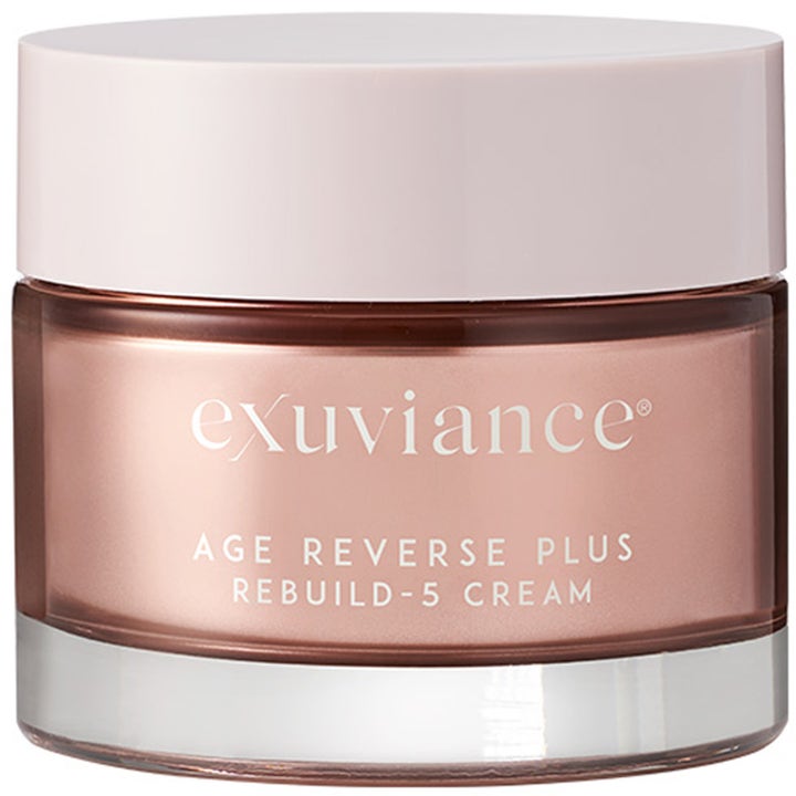 Exuviance Age Reverse Plus Rebuild-5 Cream anti age dagkräm i roseguldfärgad glasburk som ger huden ökad fasthet