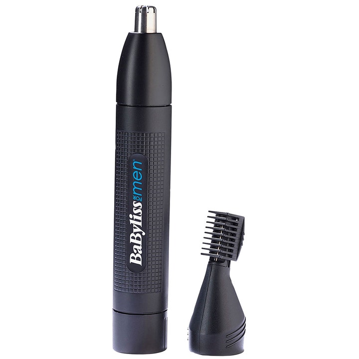 BaByliss E650E näs och örontrimmer för smidig trimning i matt svart design med texturerat grepp och tillbehör.