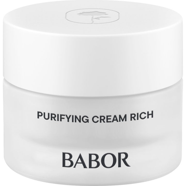 Babor Skinovage Purifying Cream Rich purifierande kräm i frostad glasburk med vitt lock ger talgbalans ansiktsbehandling