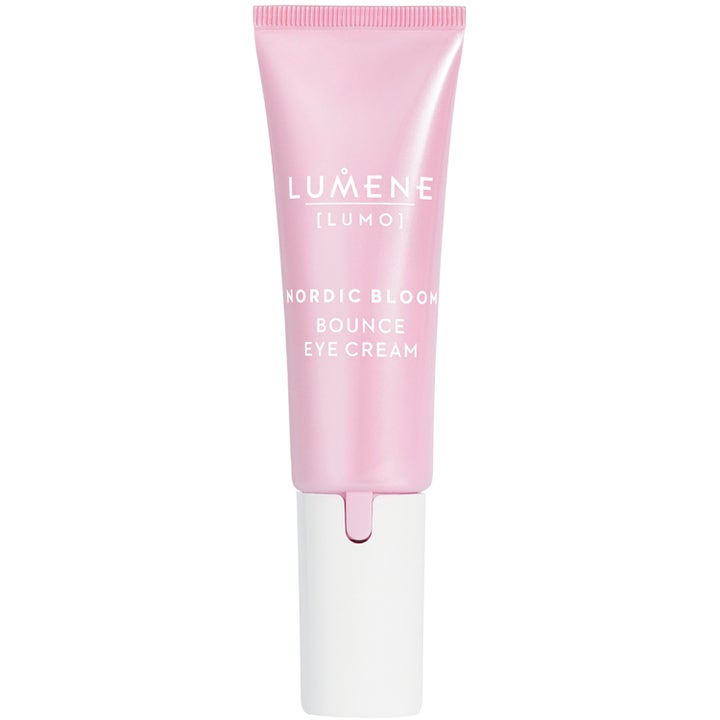 Lumene Lumo Nordic Bloom Bounce Eye Cream 15 ml ögonkräm som ger spänst i en ljusrosa tub med vitt lock