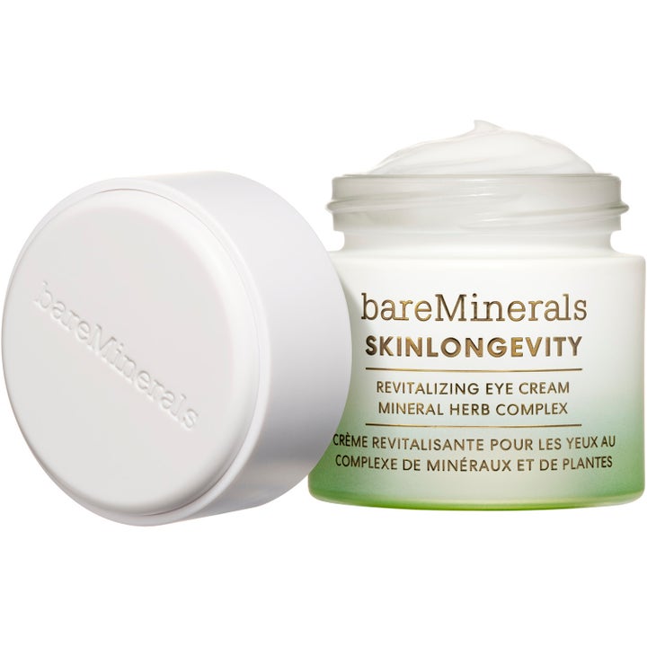 bareMinerals Skinlongevity Revitalizing Eye cream 15 g revitaliserande ögonkräm i öppen glasburk med synlig vit kräm