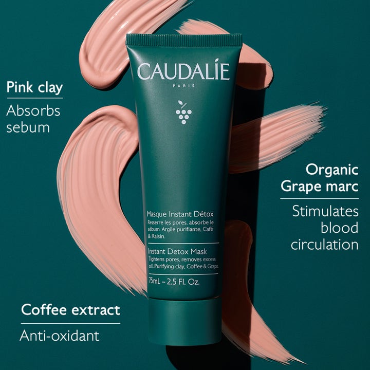 Caudalie Instant Detox Mask 75 ml ansiktsmask detox för poreminskning i grön tub med rosa lertextur