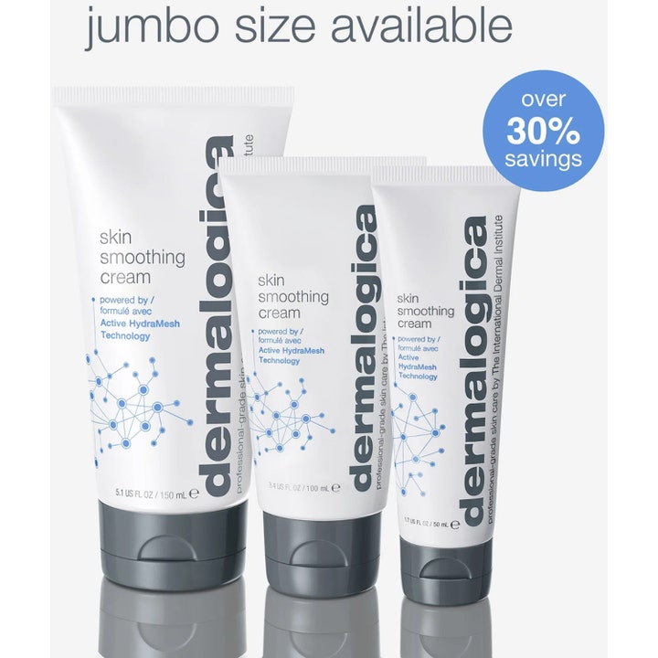 Dermalogica Skin Smoothing Cream 100 ml återfuktande ansiktskräm för torr hud i vita tuber som visar olika storlekar.