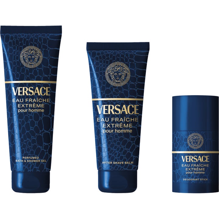 Versace Eau Fraiche Extreme aftershave balm 100 ml set med duschgel och deostick i mörkblått reptilmönster med guld