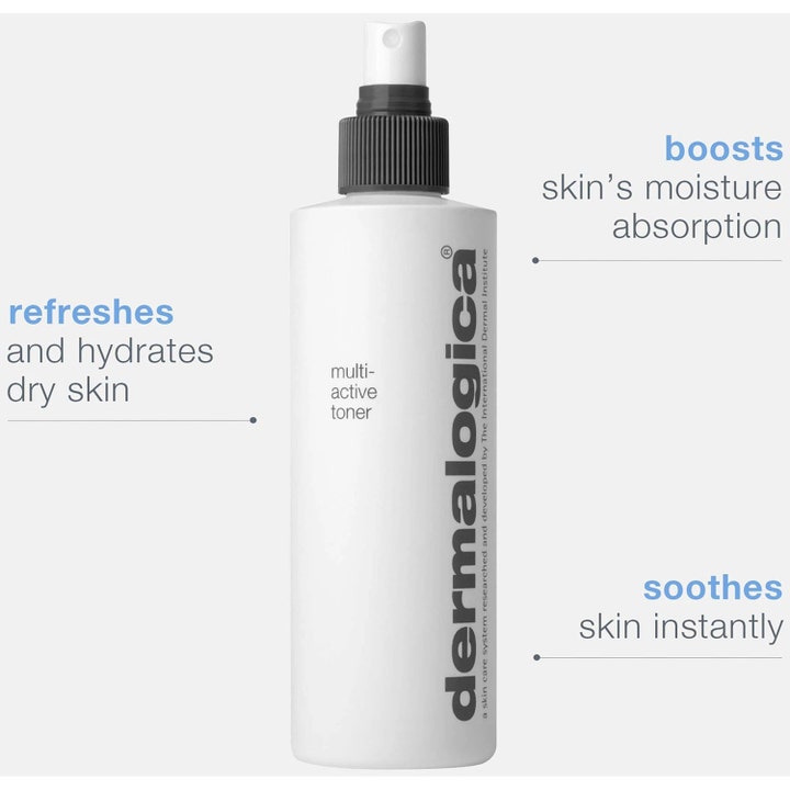 Dermalogica Multi-Active Toner 250 ml återfuktande ansiktsvatten i vit sprayflaska som lugnar och ger fukt.