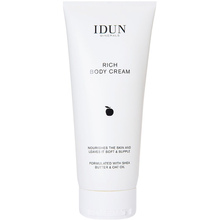 Idun Minerals Rich Body Cream 200 ml mjukgörande kroppskräm i vit tub med svart äppelsymbol.
