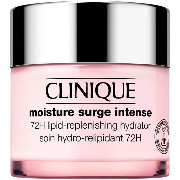 Clinique Moisture Surge Intense återfuktande ansiktskräm 72H i en ljusrosa glasburk med glänsande silverlock