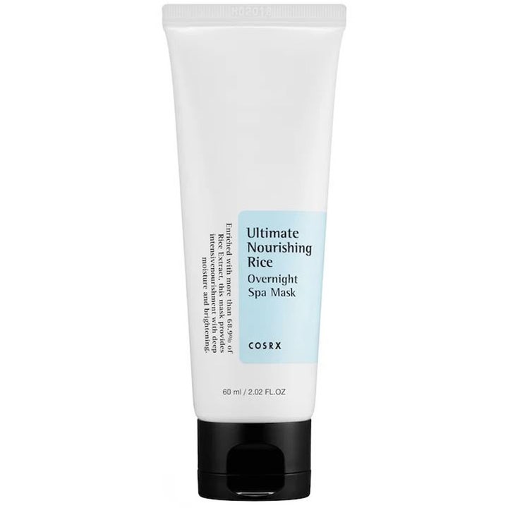COSRX Ultimate Nourishing Rice Overnight Spa Mask 60 ml risextrakt ansiktsmask ger fukt i vit tub med svart lock.