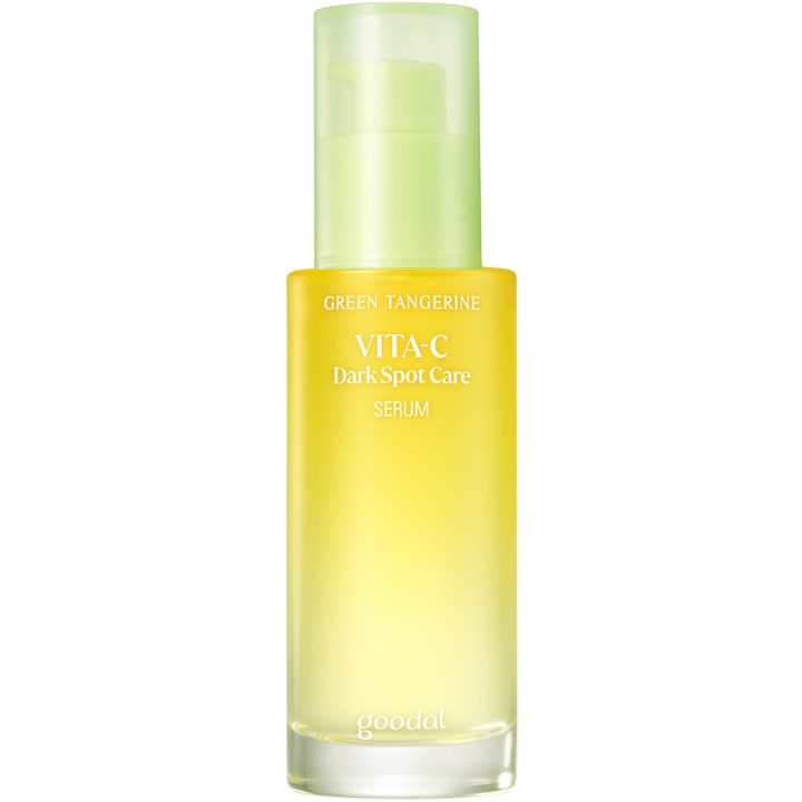 Goodal Green Tangerine Vita-C Serum 40ml behandling mot pigmentfläckar i en gul frostad glasflaska med grönt lock