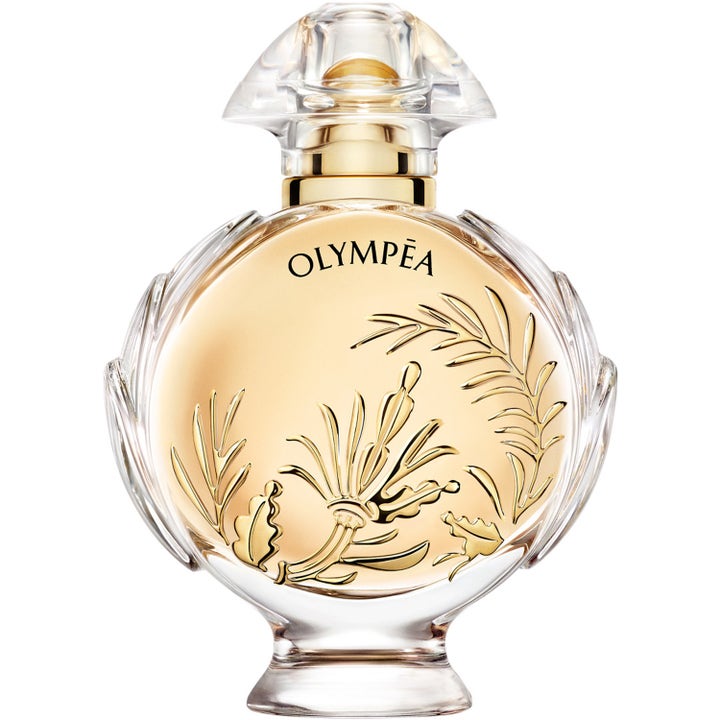 Rabanne Olympea Solar Eau de Parfum 30 ml parfym i en rund glasflaska med guldiga graverade blommor